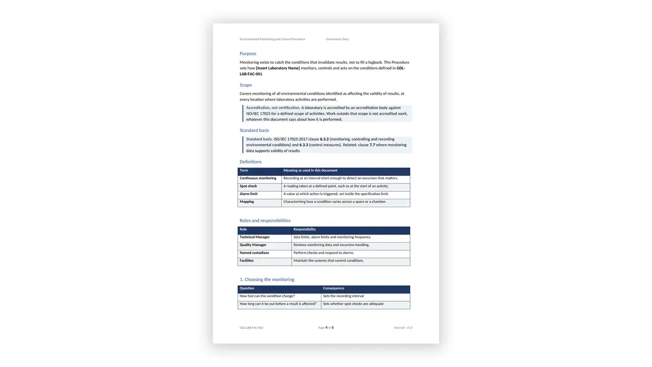 ISO 17025 Toolkit sample: GDL-LAB-FAC-002 - Environmental Monitoring and Control Procedure