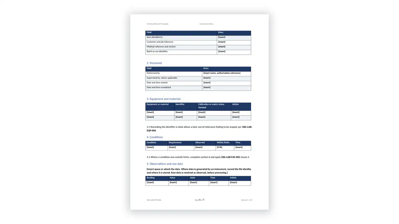 ISO 17025 Toolkit sample: GDL-LAB-ITM-004 - Technical Record Template