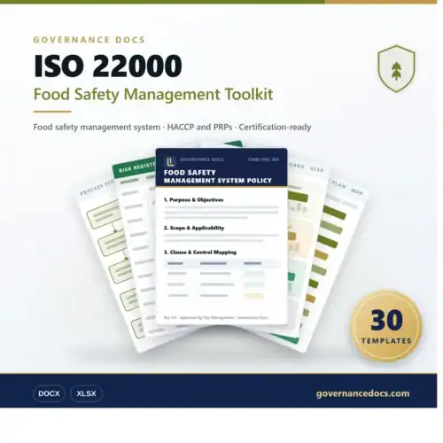 Food safety management system toolkit with templates for ISO 22000 compliance.