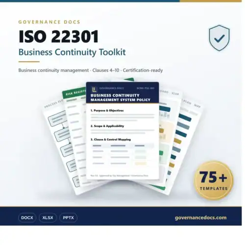 Business continuity management toolkit with ISO 22301 standards and templates.