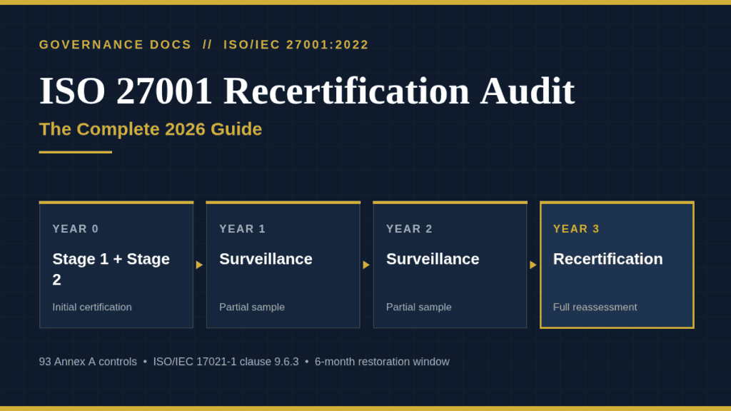 ISO 27001 recertification audit timeline showing the three-year certification cycle from Stage 1 and Stage 2 through surveillance audits to year three reassessment