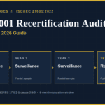 ISO 27001 recertification audit timeline showing the three-year certification cycle from Stage 1 and Stage 2 through surveillance audits to year three reassessment