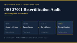 ISO 27001 recertification audit timeline showing the three-year certification cycle from Stage 1 and Stage 2 through surveillance audits to year three reassessment
