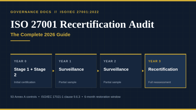 ISO 27001 recertification audit timeline showing the three-year certification cycle from Stage 1 and Stage 2 through surveillance audits to year three reassessment