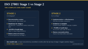 ISO 27001 Stage 1 vs Stage 2 audit comparison infographic