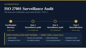 ISO 27001 surveillance audit timeline showing the three-year certification cycle