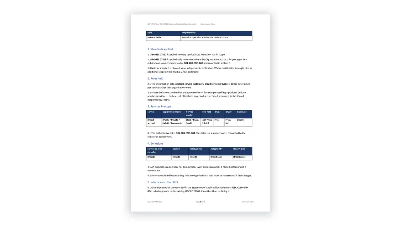 ISO 27017 Toolkit sample: GDL-CLD-FND-001 - ISO 27017 and ISO 27018 Scope and Applicability Statement