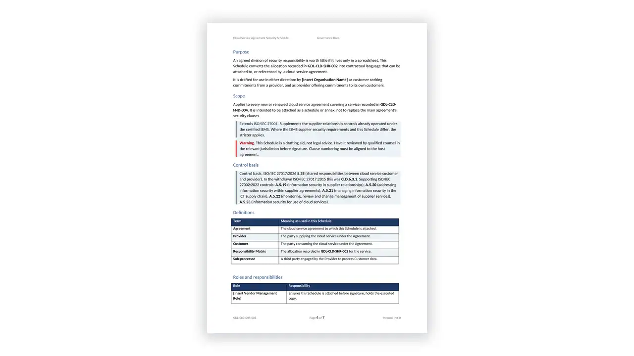 ISO 27017 Toolkit sample: GDL-CLD-SHR-003 - Cloud Service Agreement Security Schedule