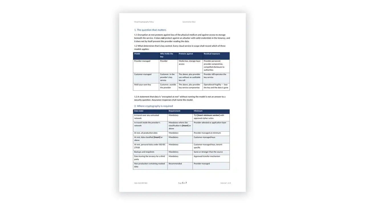 ISO 27017 Toolkit sample: GDL-CLD-CRY-001 - Cloud Cryptography Policy