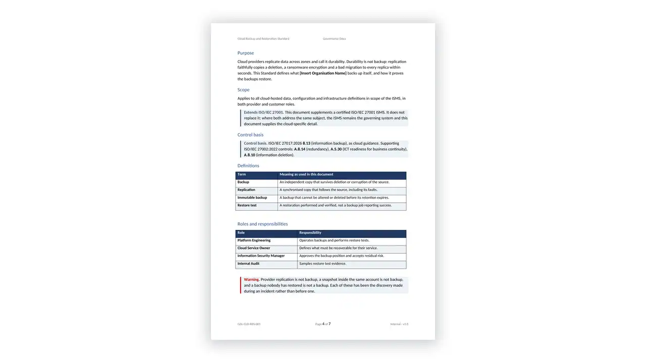 ISO 27017 Toolkit sample: GDL-CLD-RES-001 - Cloud Backup and Restoration Standard