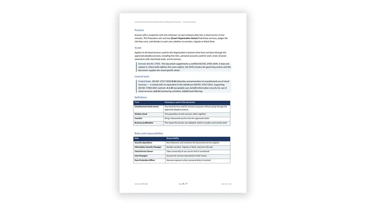 ISO 27017 Toolkit sample: GDL-CLD-OPS-006 - Unauthorized Cloud Service Detection and Response Procedure