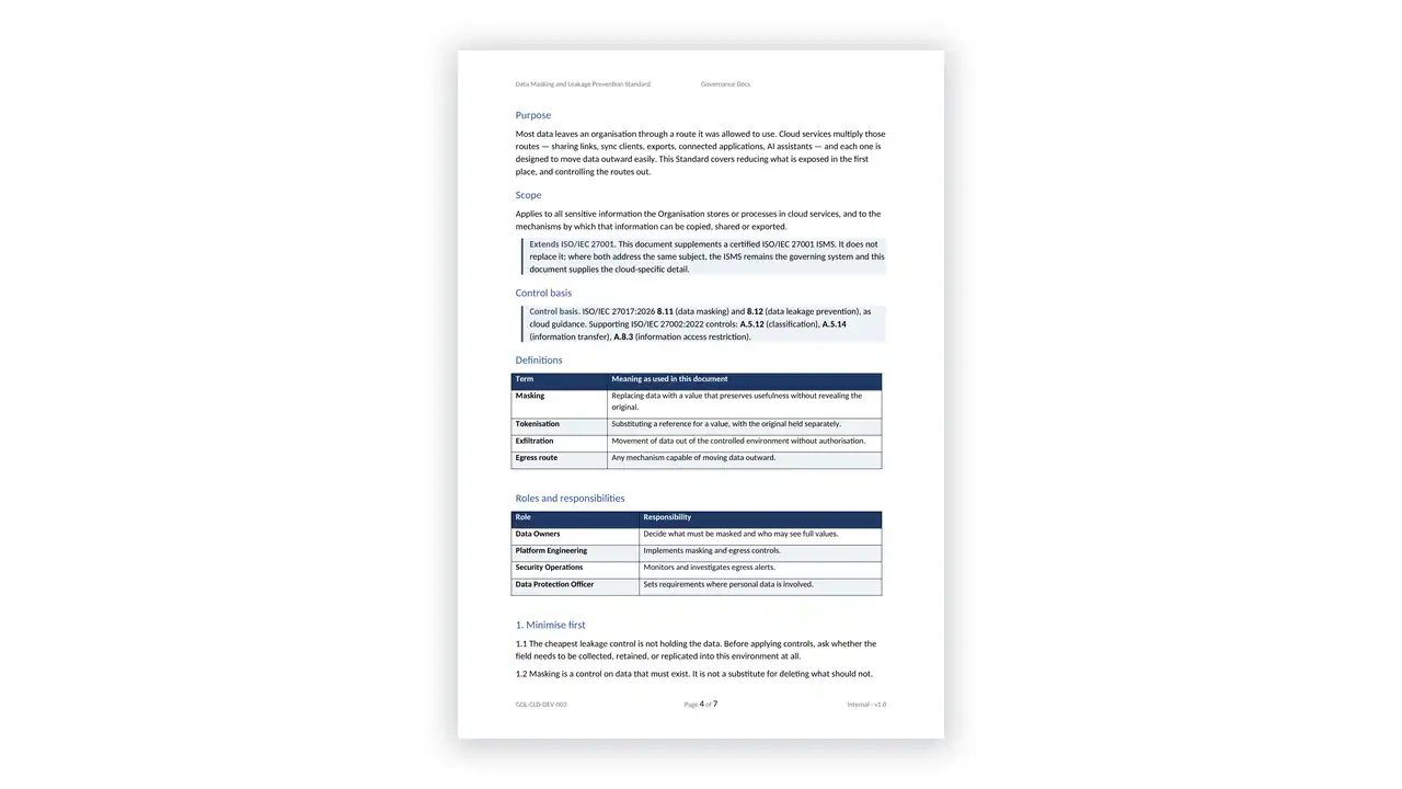 ISO 27017 Toolkit sample: GDL-CLD-DEV-003 - Data Masking and Leakage Prevention Standard
