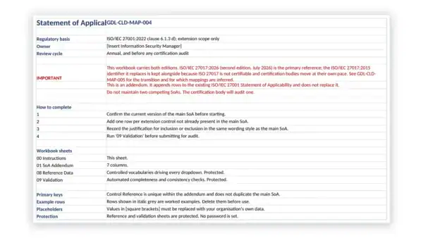 ISO 27017 Toolkit sample: GDL-CLD-MAP-004 - Statement of Applicability Addendum - Cloud Extension