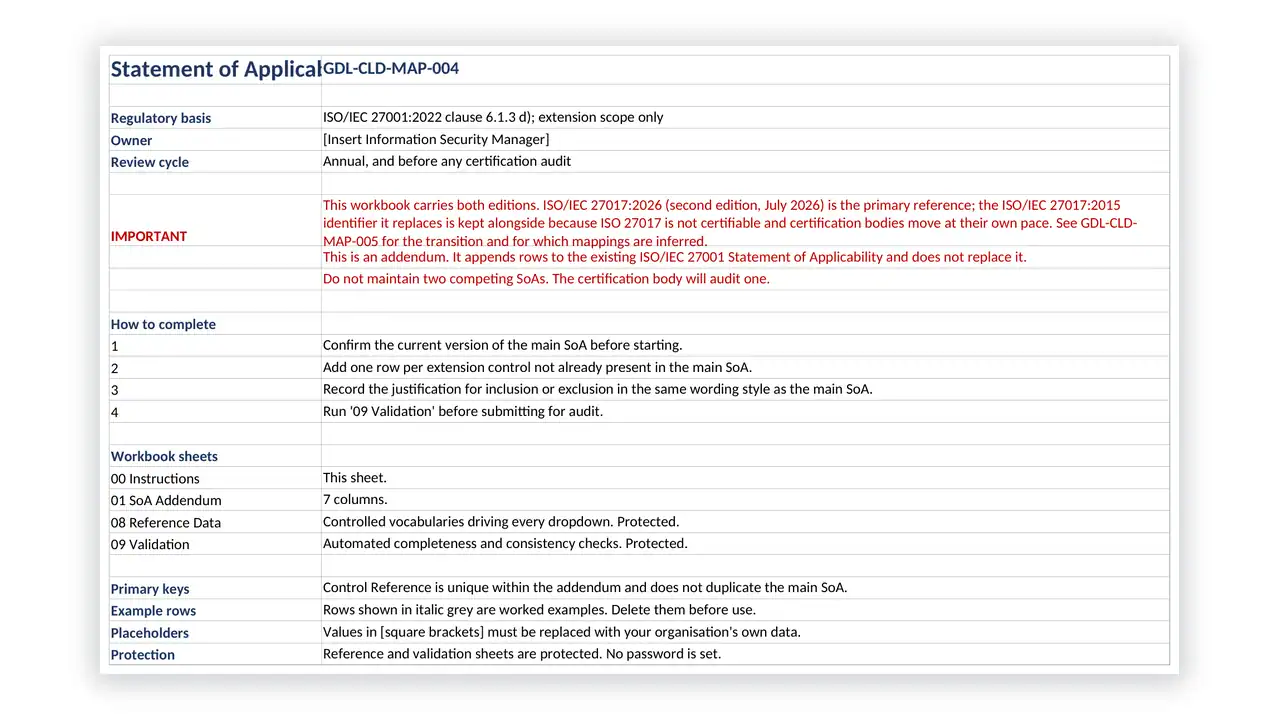 ISO 27017 Toolkit sample: GDL-CLD-MAP-004 - Statement of Applicability Addendum - Cloud Extension
