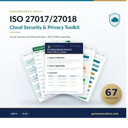 ISO 27017 Toolkit and ISO 27018 cloud security documentation pack — 67 editable templates