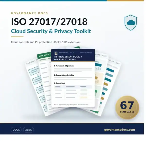 ISO 27017 Toolkit and ISO 27018 cloud security documentation pack — 67 editable templates