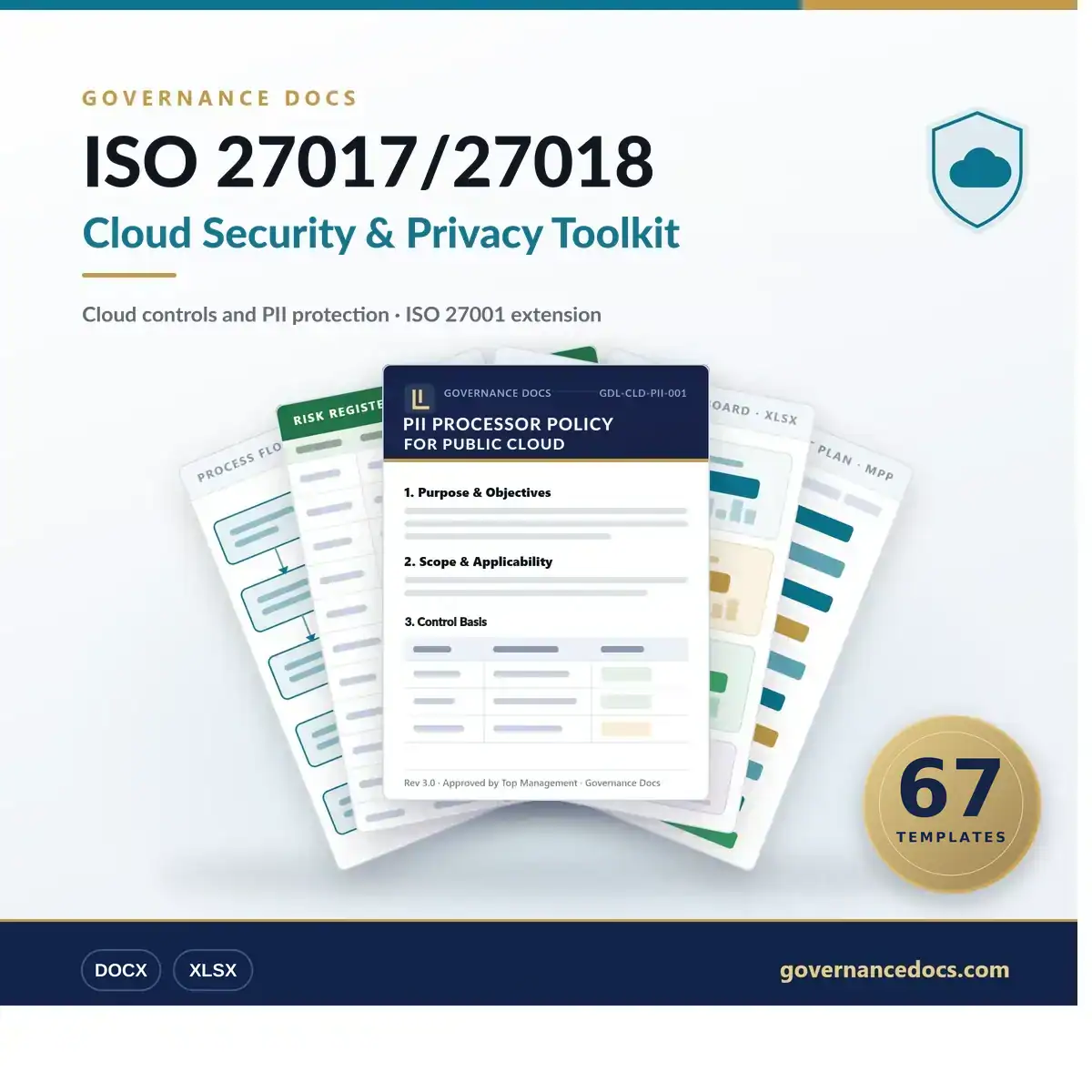 ISO 27017 Toolkit and ISO 27018 cloud security documentation pack — 67 editable templates