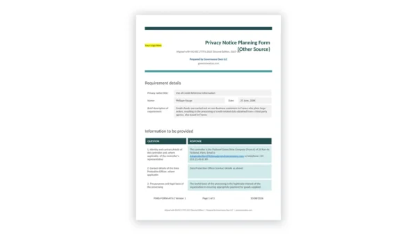 ISO 27701 toolkit sample: EXAMPLE Privacy Notice Planning Form - Other Source