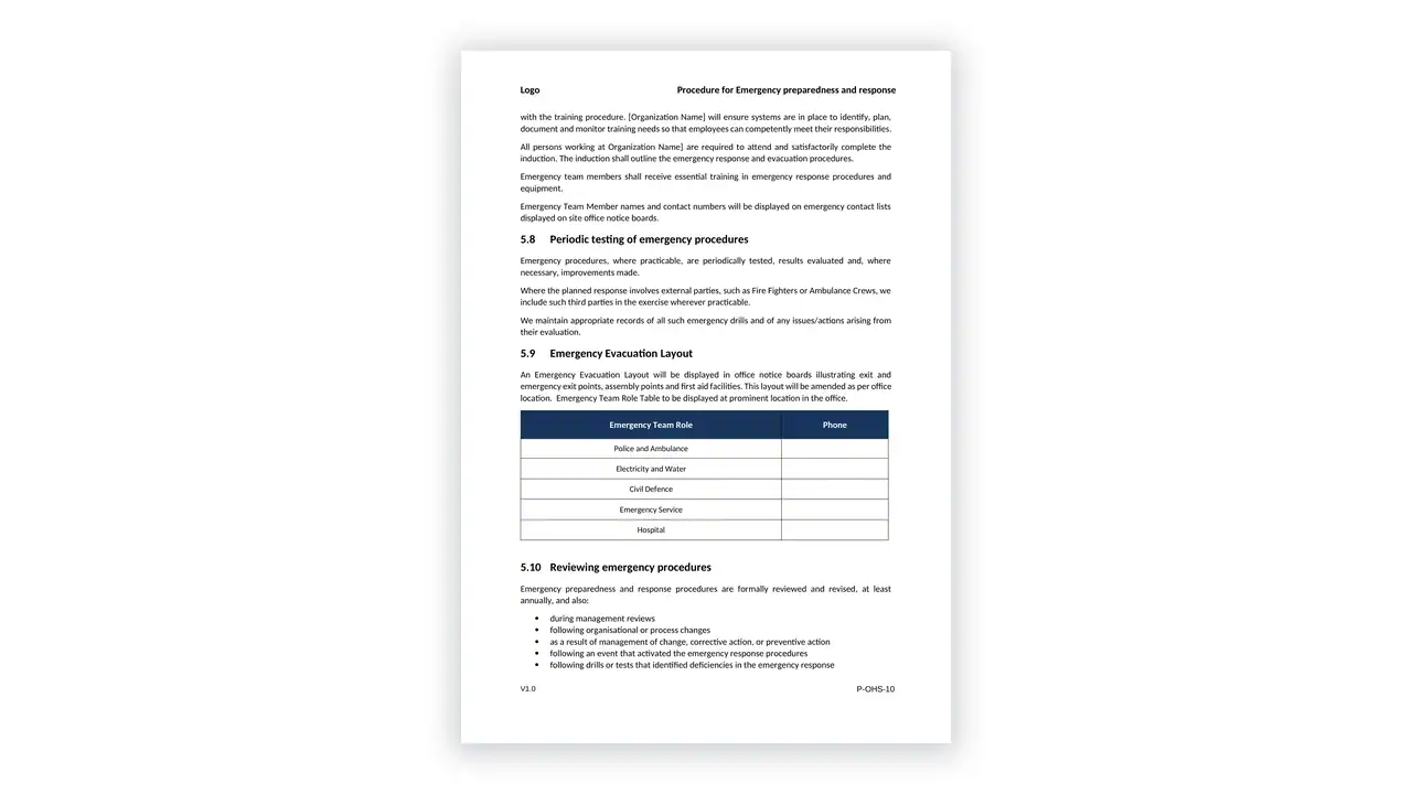iso-45001 sample: P-OHS-10 Procedure for Emergency preparedness and response