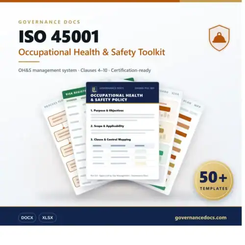 Occupational health and safety management system templates for ISO 45001 compliance.