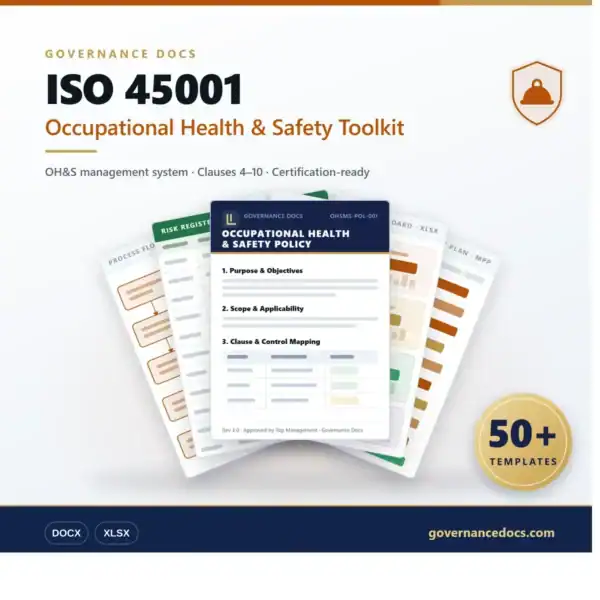 Occupational health and safety management system templates for ISO 45001 compliance.