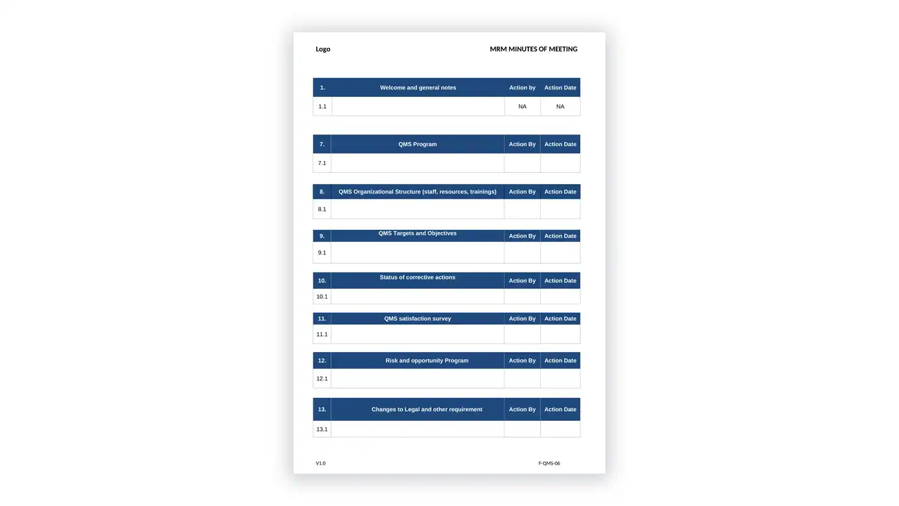 ISO 9001 toolkit sample: F-QMS-06 MRM Minutes of Meeting