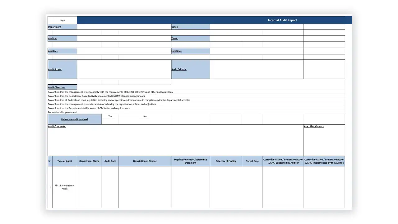 ISO 9001 toolkit sample: F-QMS-11 Internal Audit Report