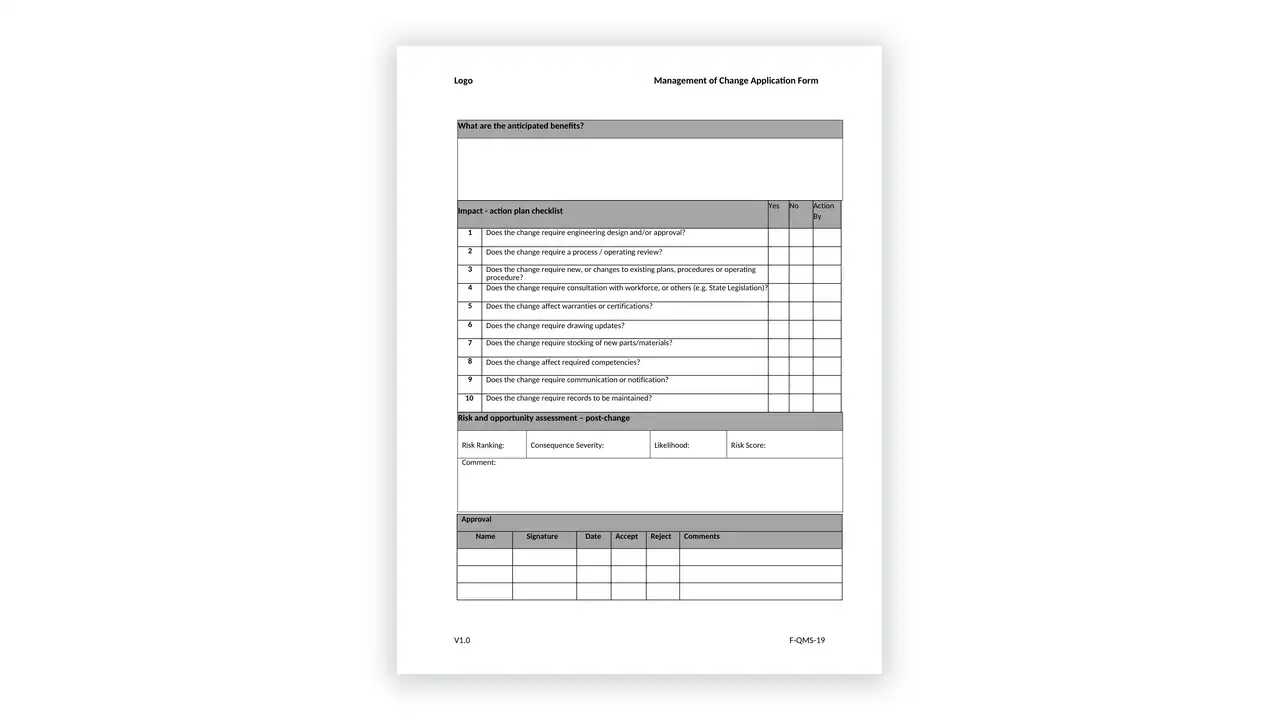 ISO 9001 toolkit sample: F-QMS-18 Change Request Form