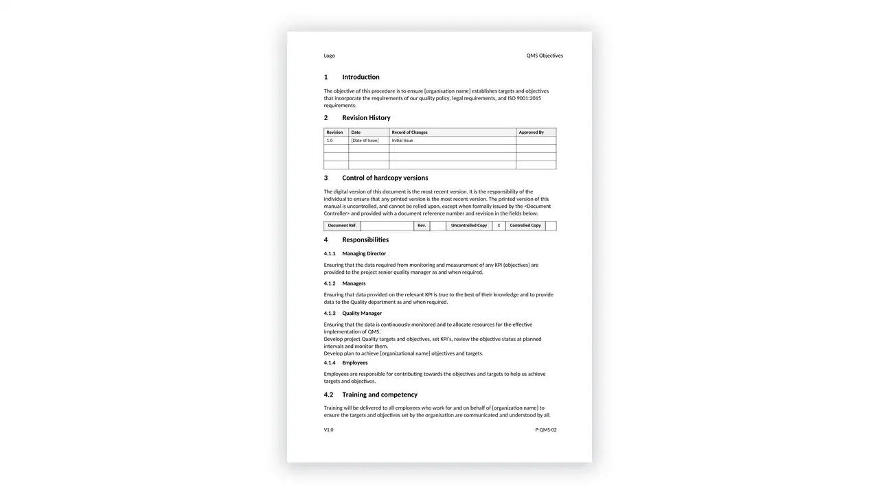 ISO 9001 toolkit sample: P-QMS-02 QMS Objectives V1.0