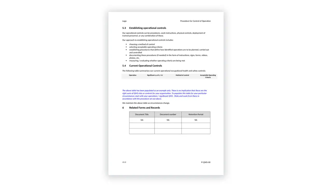 ISO 9001 toolkit sample: P-QMS-08 Procedure for Control of Operations