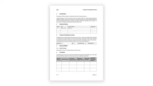 ISO 9001 toolkit sample: P-QMS-17 Procedure for Special Processess
