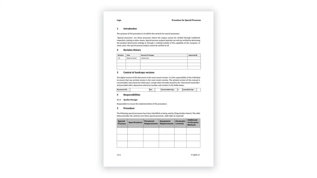 ISO 9001 toolkit sample: P-QMS-17 Procedure for Special Processess