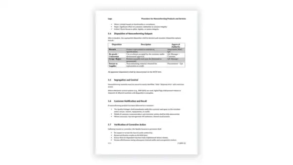 ISO 9001 toolkit sample: P-QMS-10 Procedure for Nonconforming Products and Services