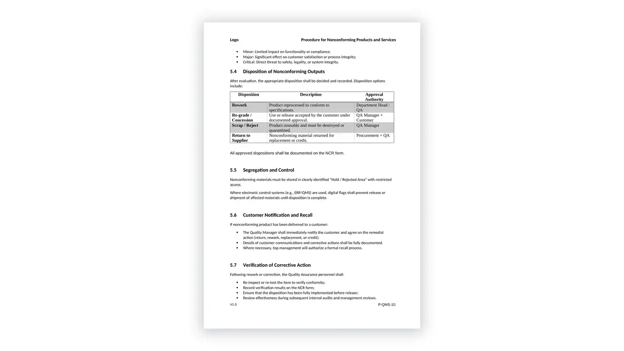 ISO 9001 toolkit sample: P-QMS-10 Procedure for Nonconforming Products and Services