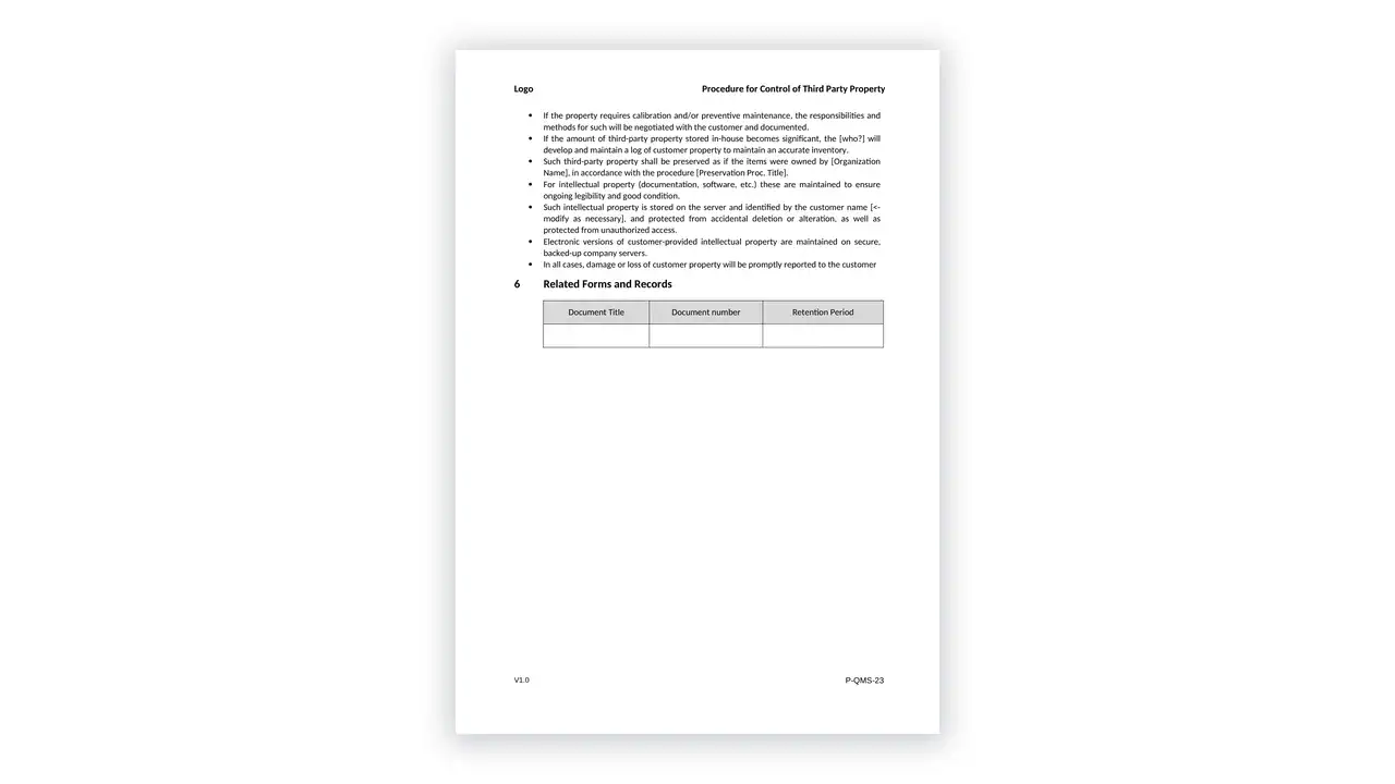 ISO 9001 toolkit sample: P-QMS-23 Procedure for Control of Third Party Property