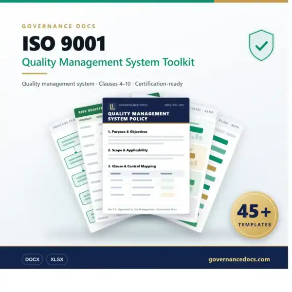 ISO 9001 Quality Management System Toolkit for governance and compliance.