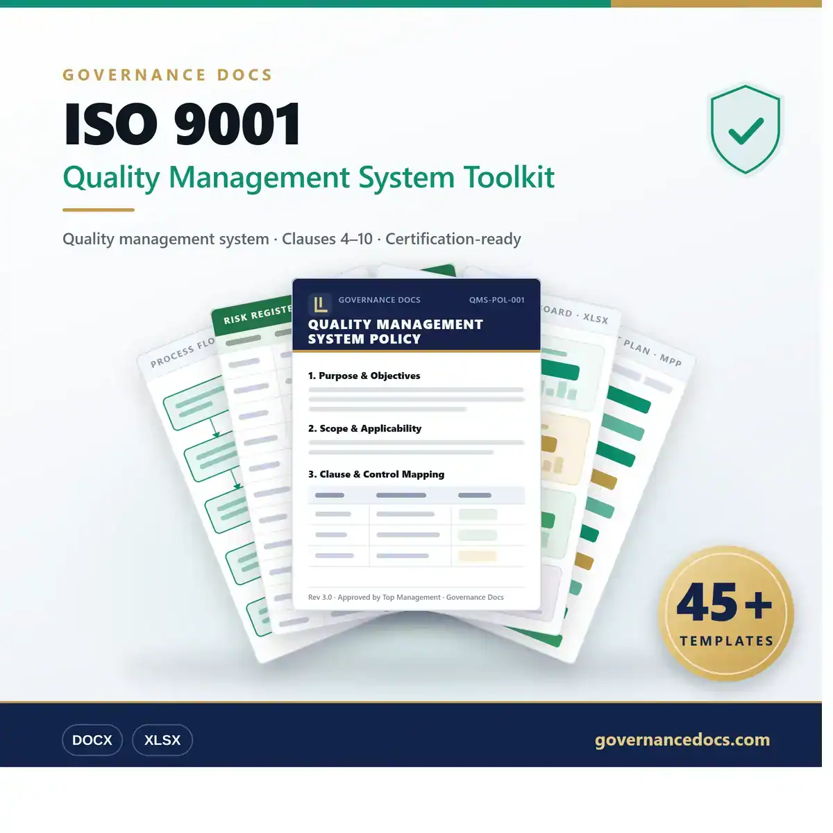 ISO 9001 Quality Management System Toolkit for governance and compliance.
