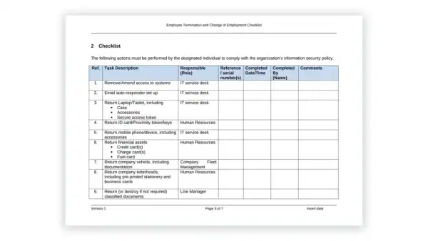 ISO 27001 toolkit employee movement and termination security checklist