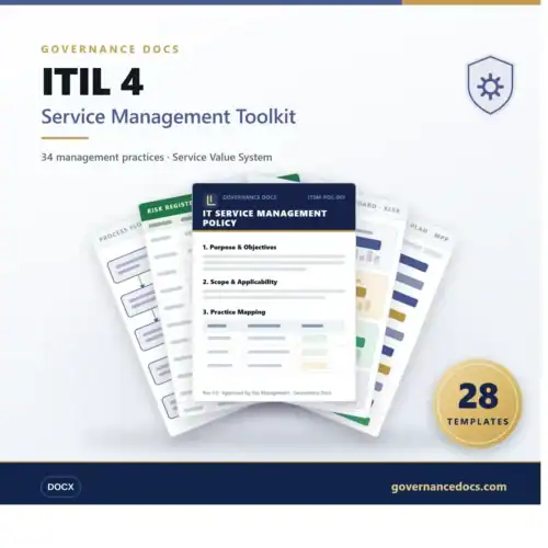 ITIL 4 Service Management Toolkit cover with templates and practices.