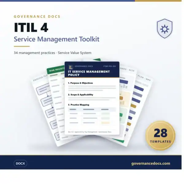 ITIL 4 Service Management Toolkit cover with templates and practices.