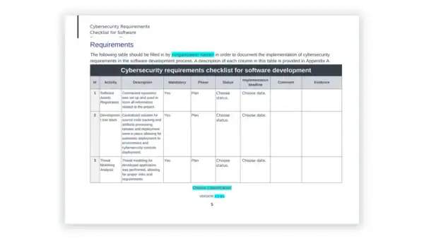 NCA cybersecurity toolkit sample: Checklist_Cybersecurity-Requirements-in-Software-Development_template_en