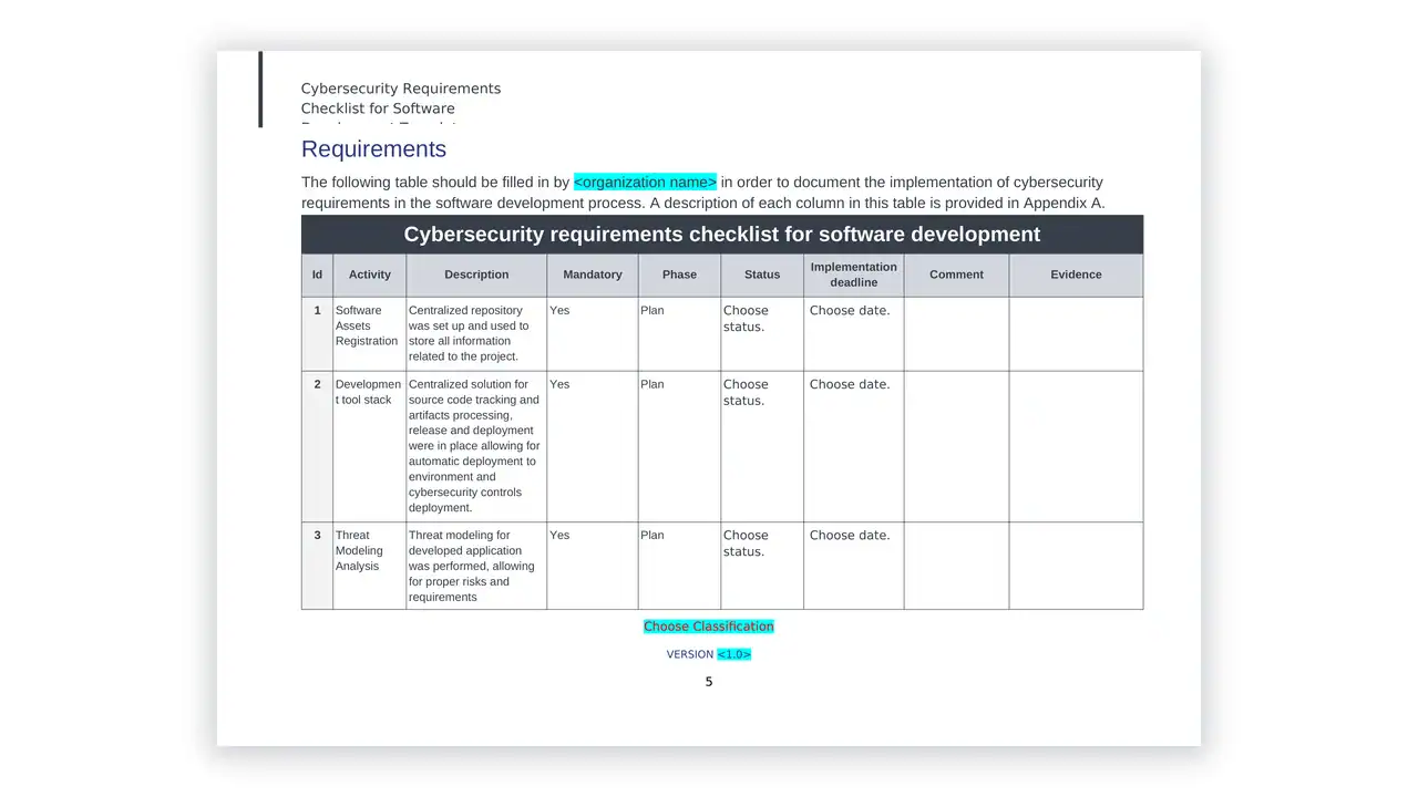 NCA cybersecurity toolkit sample: Checklist_Cybersecurity-Requirements-in-Software-Development_template_en