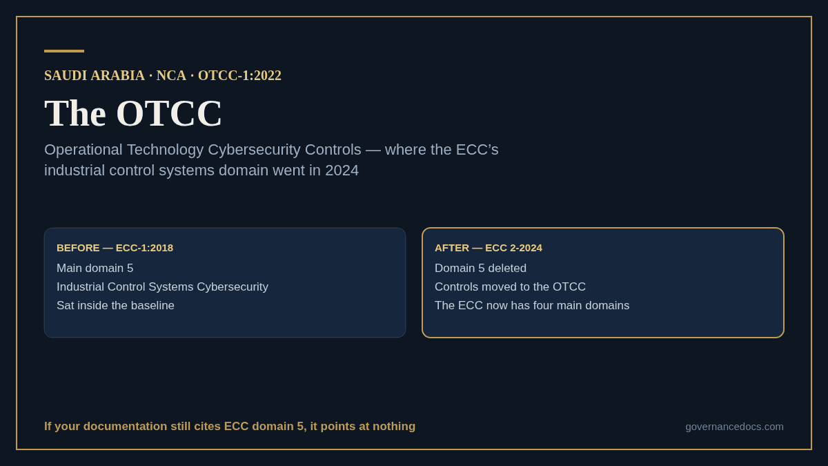 OTCC: A Clear Guide to Saudi OT Cybersecurity in 2026 The OTCC absorbed the ECC main domain 5 for industrial control systems
