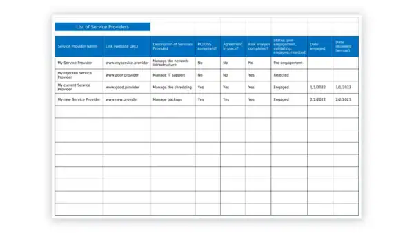 PCI DSS toolkit sample: List-of-Service-Providers