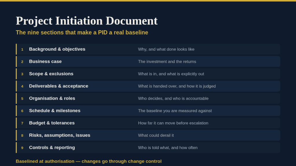 Governance Docs project initiation document with nine key sections for governance planning.