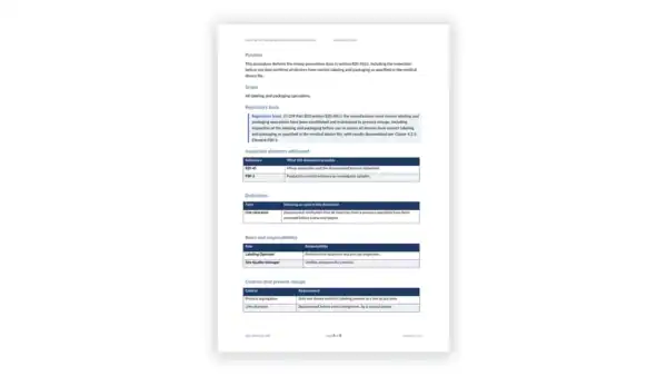 Sample governance document page with sections on purpose, scope, and responsibilities.