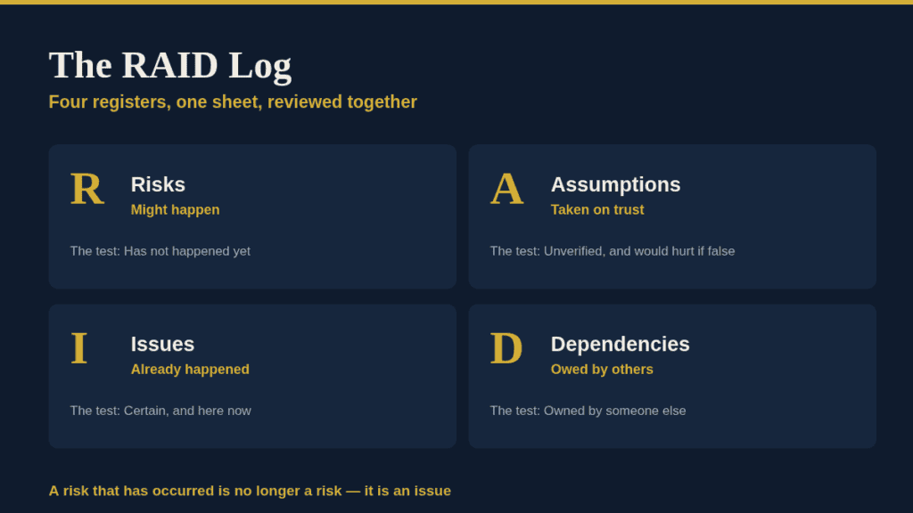 RAID Log for governance with risks, issues, assumptions, dependencies.