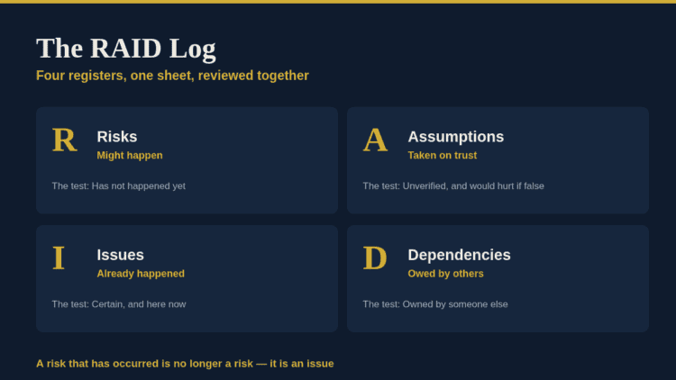 RAID Log for governance with risks, issues, assumptions, dependencies.