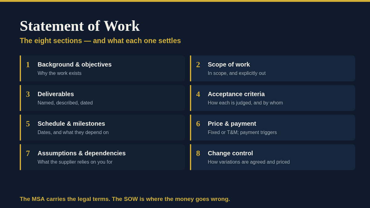 Statement of Work: A Clear Guide to All 8 Sections Statement of work: the eight sections and what each one settles