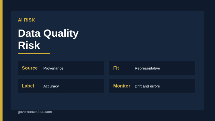 AI data quality risk checks for representativeness, labelling, provenance, completeness and drift in training and input data